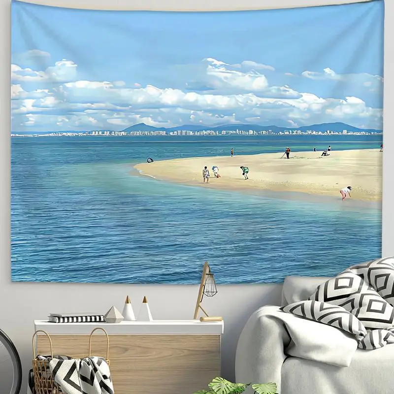 VIKAMA Seaside Beach Landscape Tapestry Background Cloth High Definition Wear resistant Fabric Decoration Living Room