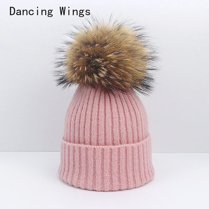 Natural Raccoon Fur Pompom Hat Thick Winter for Women Cap Beanie Hats Knitted Wool Caps Female Skullies Beanies