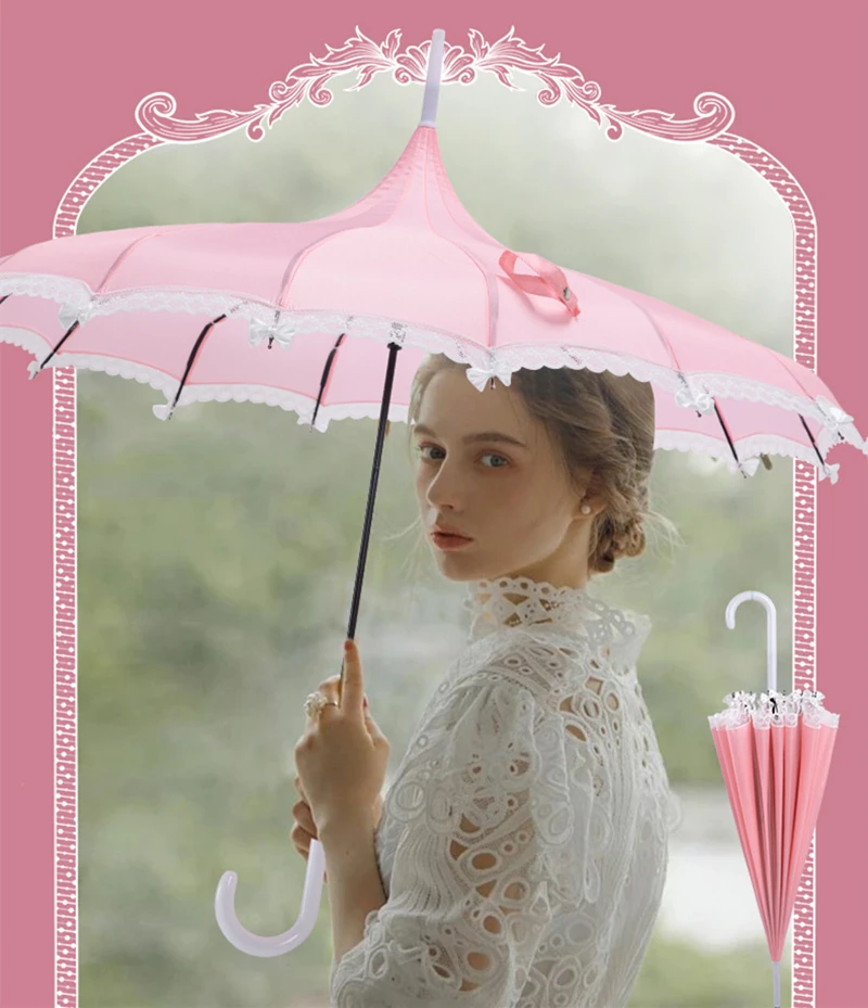 Llady Pagoda Princess Long Umbrellas Party Wedding Umbrella Outdoor Cos Lace Photography Umbrella for Women