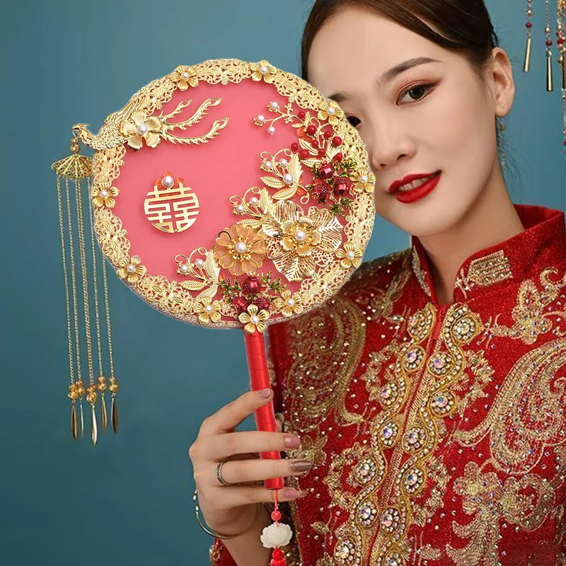 Xiuhe hanfu-手作りのウェディングドレス,豪華な花のブライダル扇子