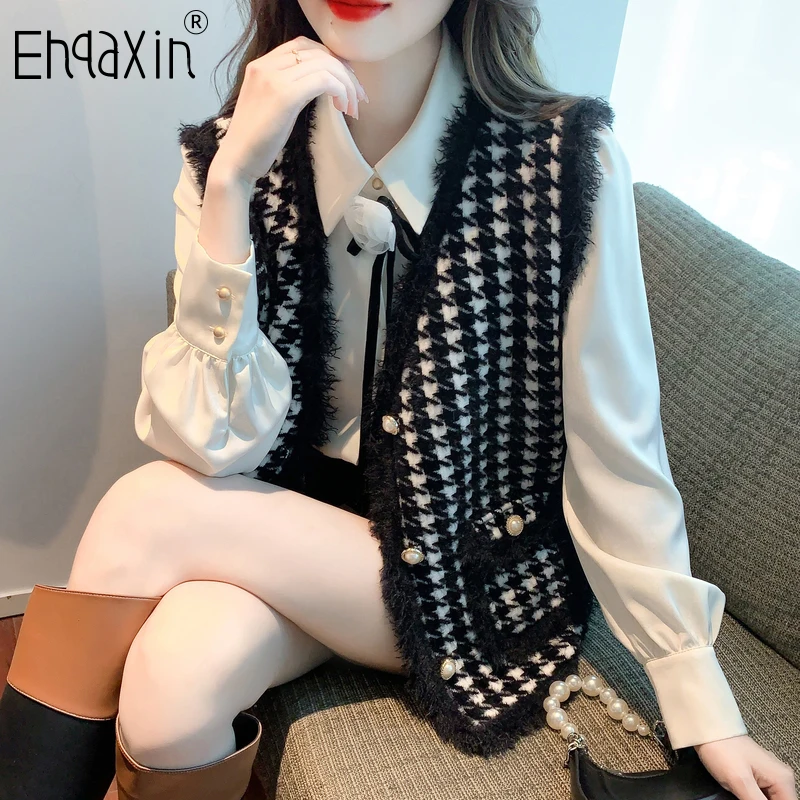 

EHQAXIN 2022 New Women's Vest Fashion Casual V-Neck Cardigan Plaid Coat Loose Knitted Jacket Imitation Velvet Coats One Size