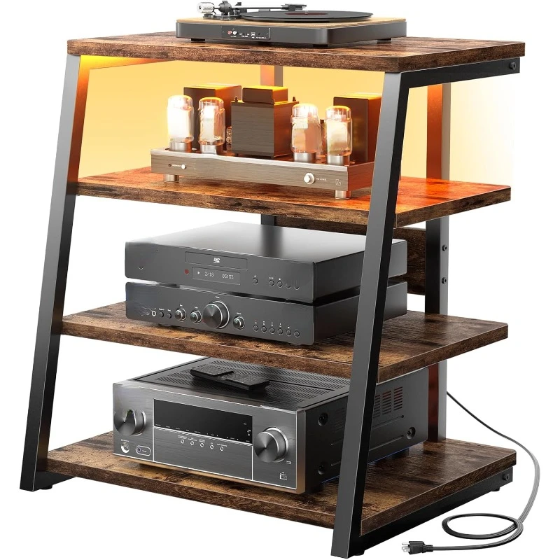 

4-Tier AV Media Stand with Power Strips, Corner TV Stand with LED Lights, Rack Audio Tower with Adjustable Shelves