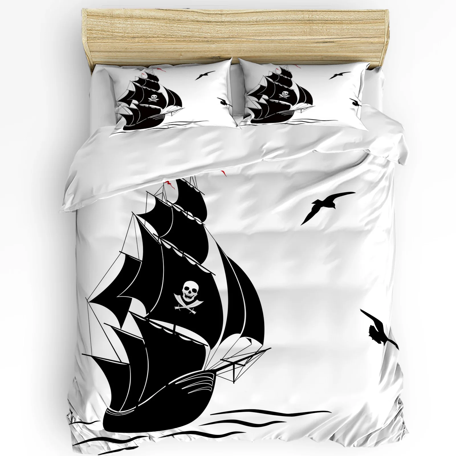 

Pirate Ship Seagull Black Duvet Cover Bed Bedding Set Double Home Textile Quilt Cover Pillowcases Bedroom Bedding Set No Sheet