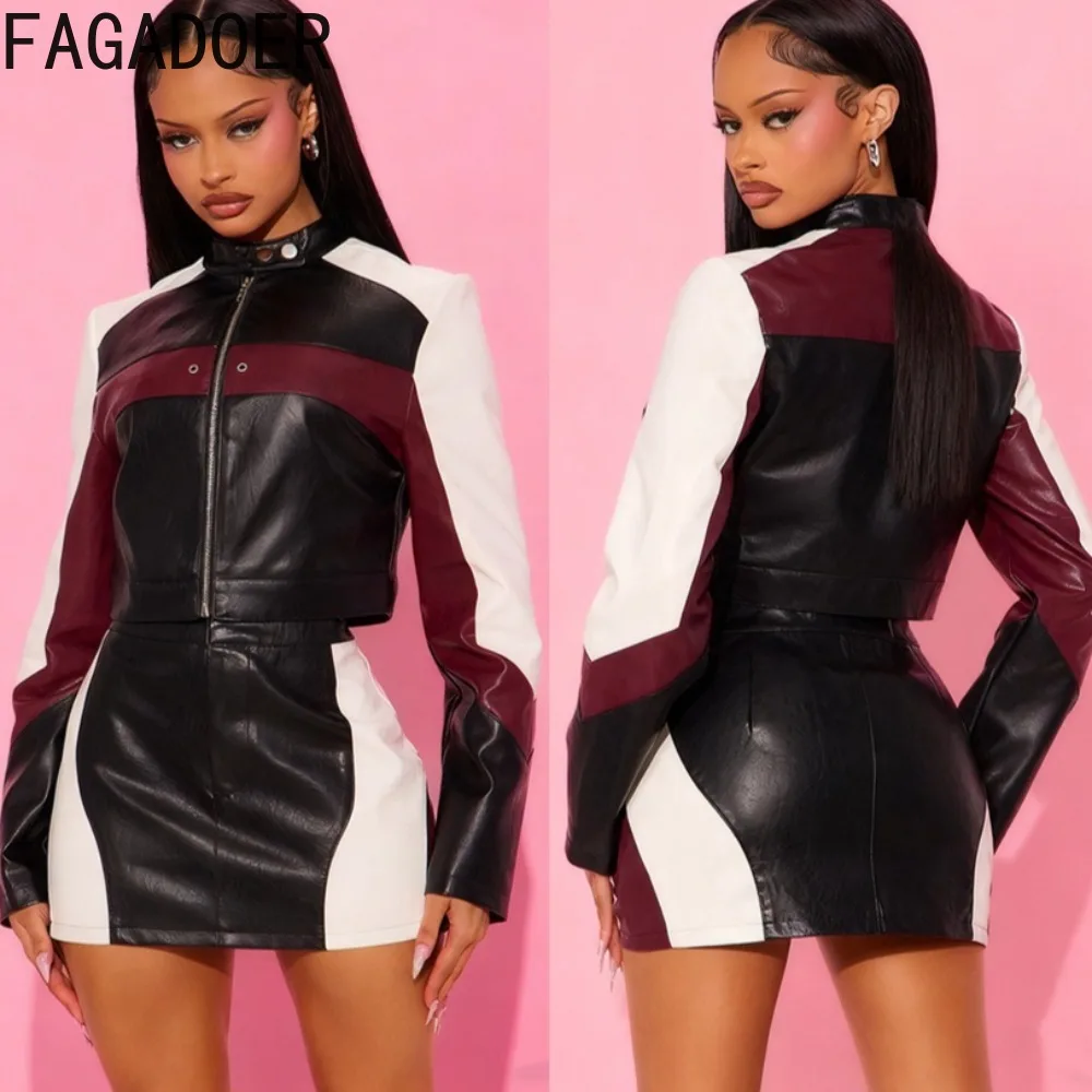 

FAGADOER Sexy Leather Patchwork 2 Pieces Set for Woman Outfit Color Block Long Sleeves Crop Top+skirt Matching Female Streetwear