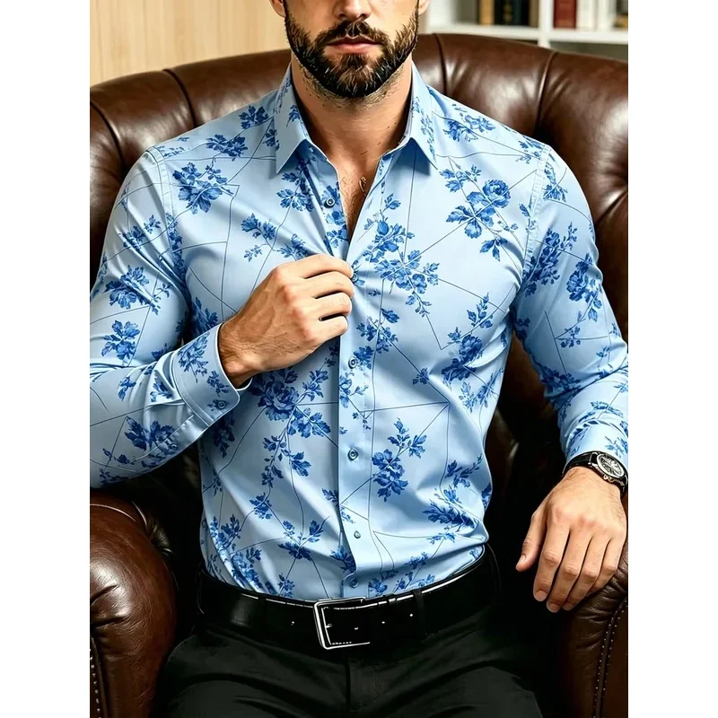 New Retro Warm Brown Autumn Leaf Contrasting Printed Shirt, Light Luxury Patchwork Slim Fit Men's Long-Sleeved Shirt