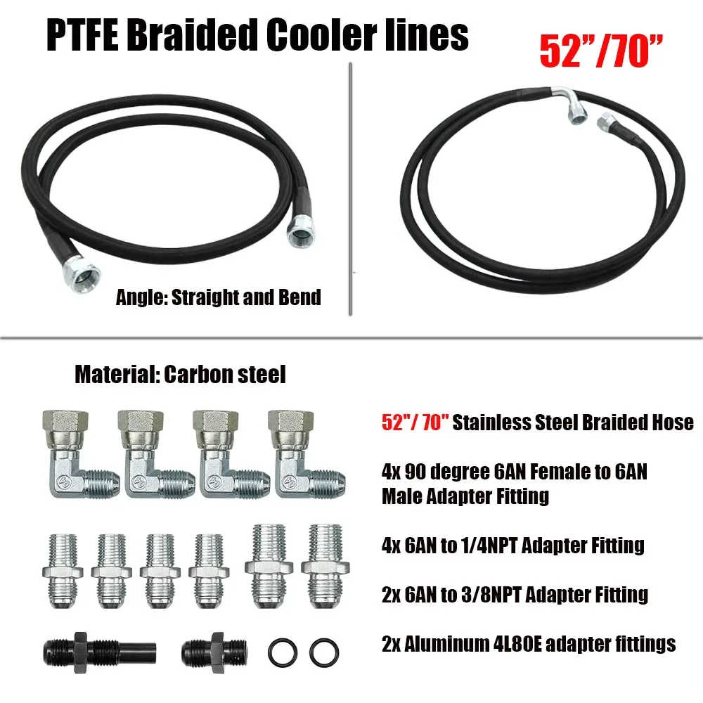 

AN6 Transmission Cooler Hose Line Fitting Kit 52inch or 70inch Fuel Hose Pipeline 0-90 Degree Stainless steel braided pipeline