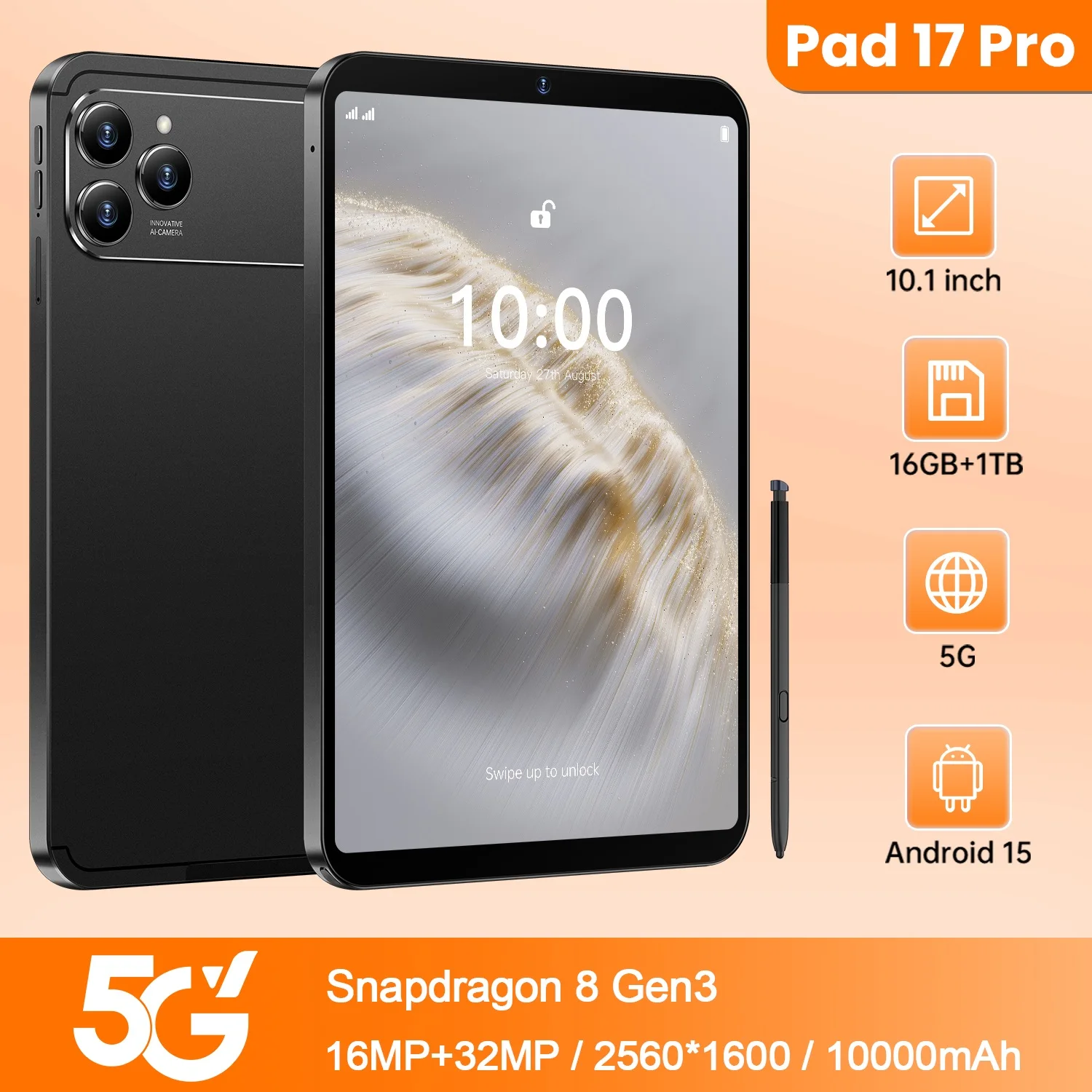 

Original Global Version Hot Tablet Pad 17 Pro 10.1 inch HD 4K Android 15 16GB+1T 10000mAh 5G Dual SIM WiFi GPS 2026 New Tab
