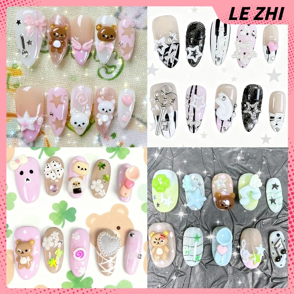 Cartoon Lovely Rilakkuma Short Square Round Handmade Nail Party Sticker Flowers Bowknot Musical Notes Wings Pearl Press On Nails