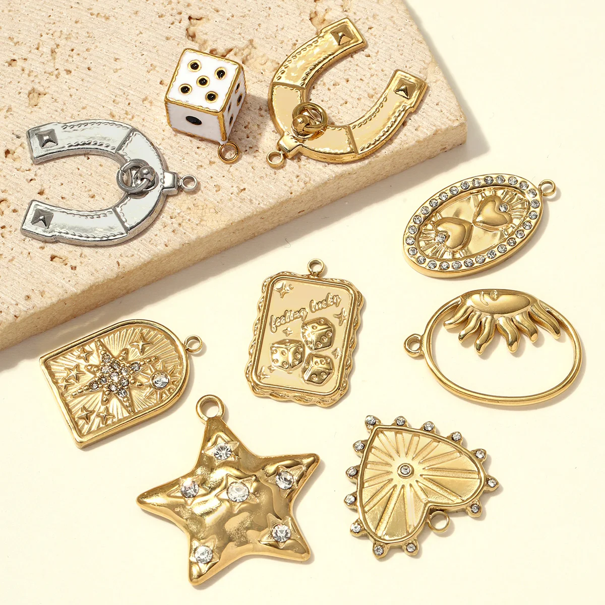 3pcs/Lot Stainless Steel Horseshoe Sun DIY Charms Rhinestone Heart Star Necklace Pendants Woman Enamel Lucky Dice Jewelry