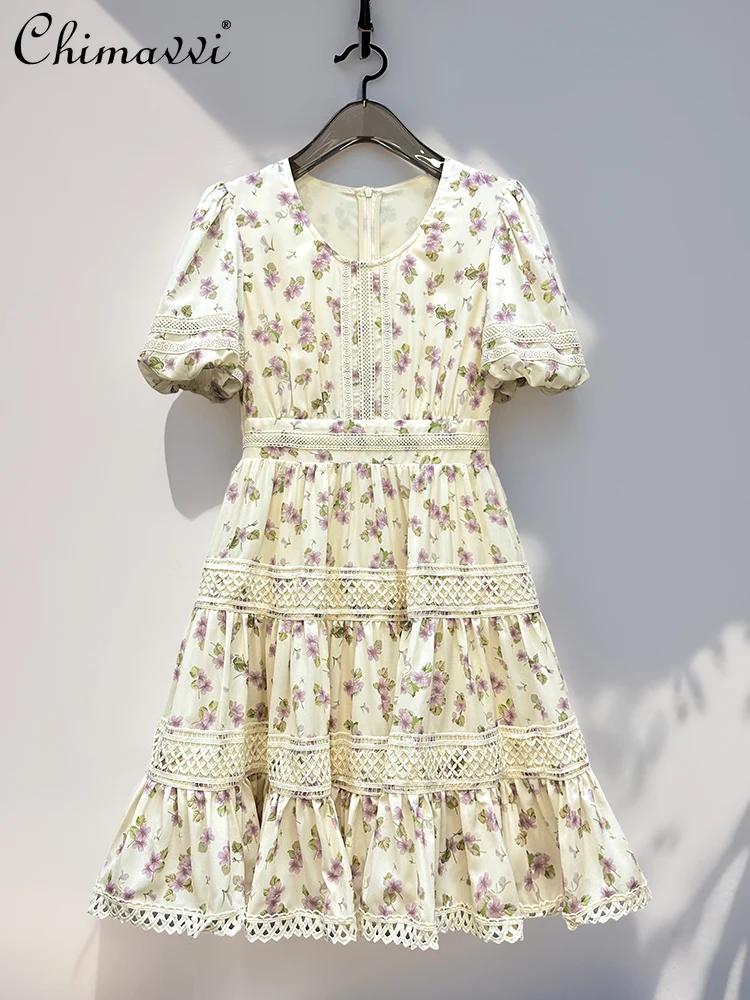 

French Elegant Casual Summer Floral Dresses Crew Neck Lantern Sleeve Splicing Lace High Waist A-line Temperament Dress For Women