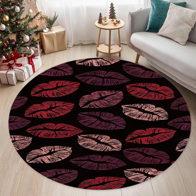 Red Lips Print Round Rug Black Background Bold Lip Pattern Carpet for Living Room Bedroom Home Decor  Carpets for Living Room