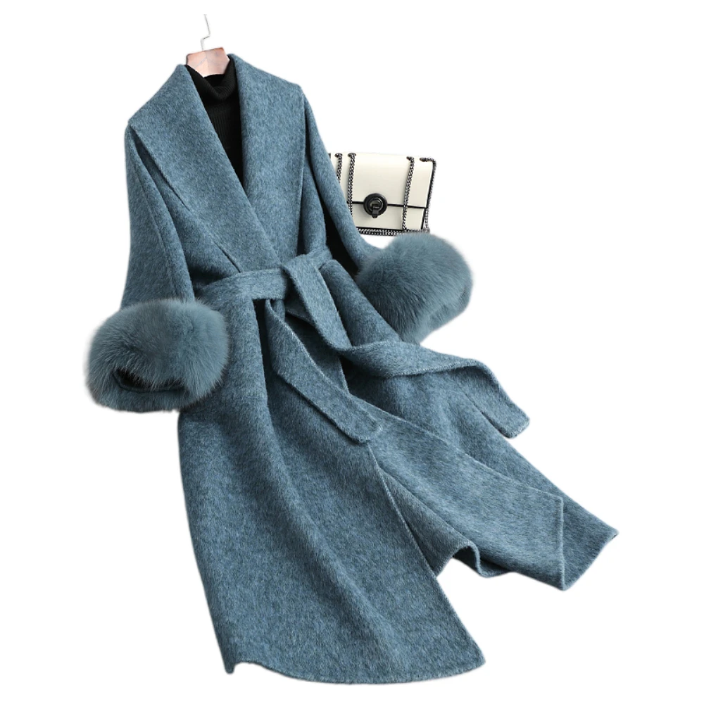 

2023 High-End Alpaca Coat Fleece/Fiber Double-Faced Woolen Clothing Cashmere Coat Nightgown Wool Woolen Fur Jackets Fox Fur Cuff