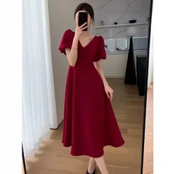 Vestido longo elegante para mulheres 2022 verão novo estilo francês redução de idade com decote em v manga bufante vestido vermelho