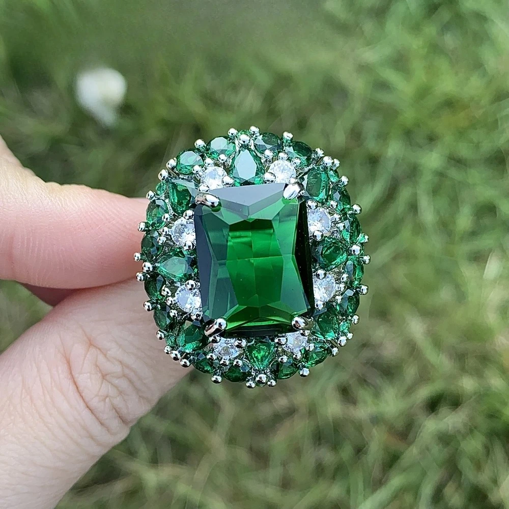 925 Sterling Silver Forest-Shaped Diamond Imitation Emerald Cluster-Set Green Nano-Color Gemstone Open-End Ring