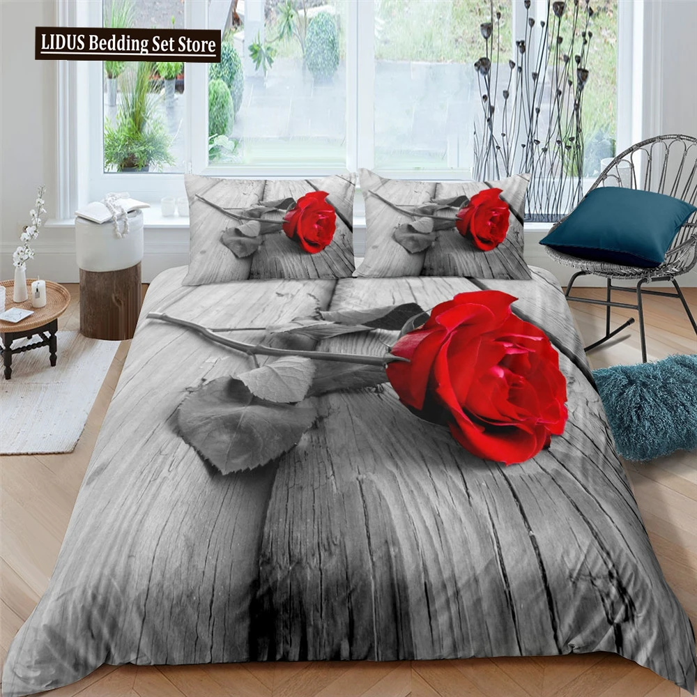 

Red Rose Duvet Cover Set Red Flower Gray Background 3D Comforter Cover Valentine's Day Gift King Queen Size For Girls Women Kids