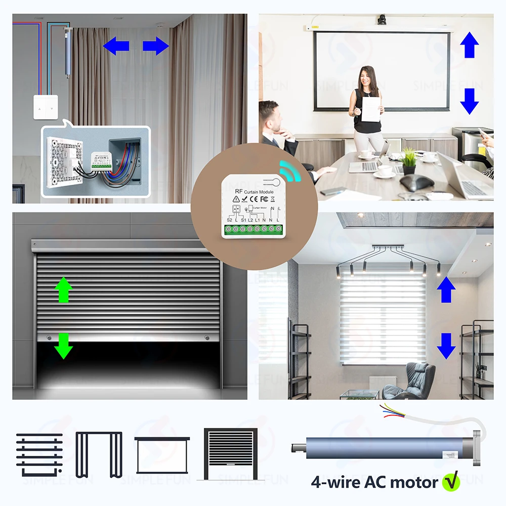 433Mhz Roller Shutter Curtain Remote Control Switch and 5-in-1 Transmitter 110V 220V RF Module for Blind/Garage Door/AC Motor