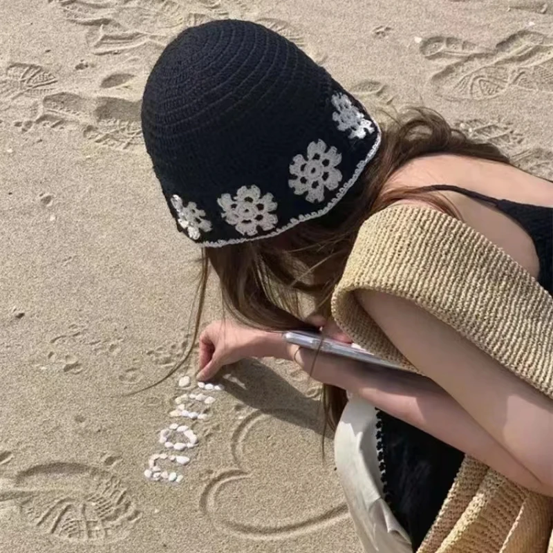 Dzianinowe kwiatowe kapelusze kubełkowe dla kobiet Wiosna Lato Kapelusz przeciwsłoneczny Kobieta Szydełkowa czapka rybacka Outdoor Travel Basin Caps Panama Gorros
