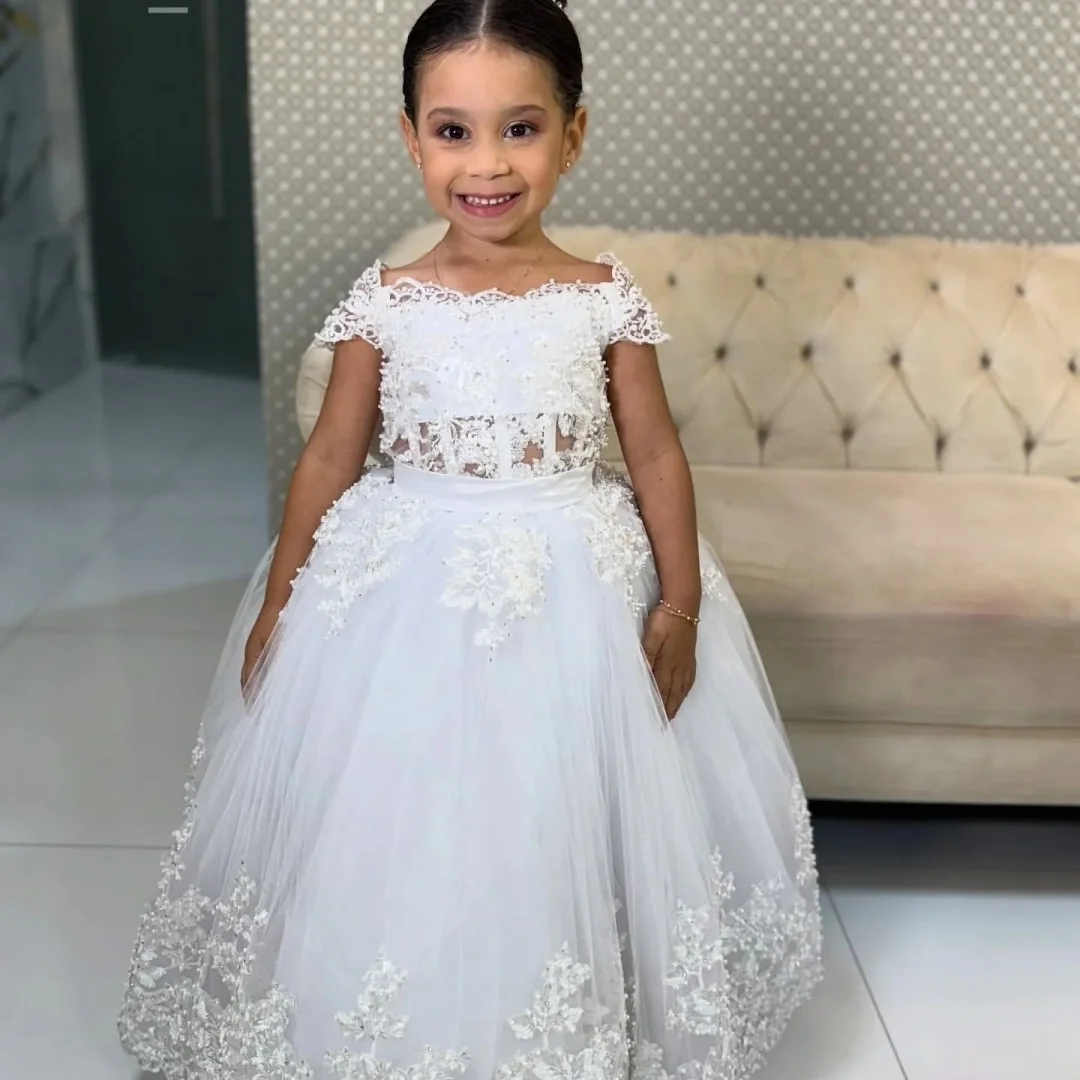 Customized Wedding Ivory Ball Gown Flower Girl Dresses Lace Beaded Portrait Vintage Little Girl Christmas Peageant Birthday