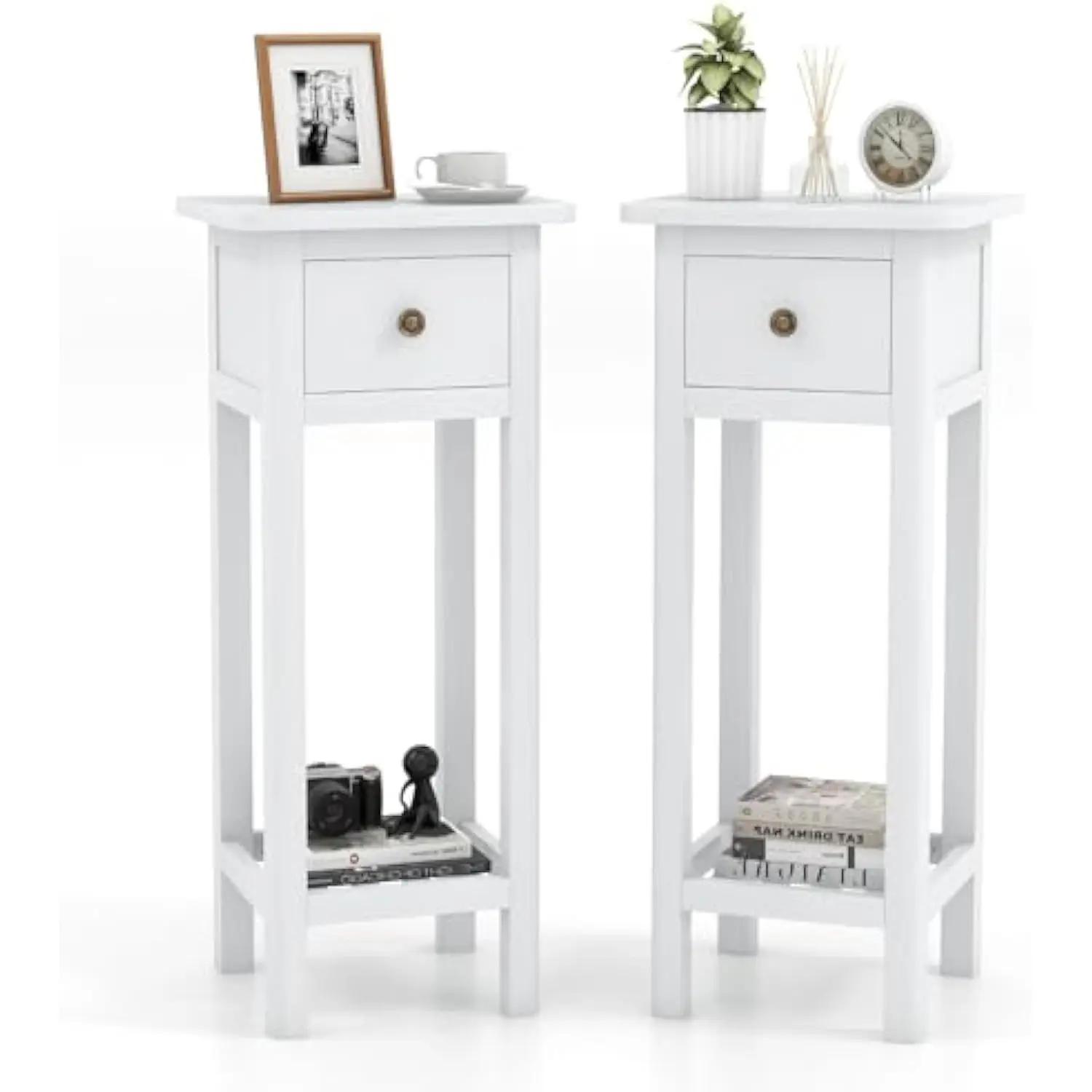 

Wooden End Table, Acacia Wood Bedside Table w/Shelf & Handy Drawer, Slim Nightstand for Small Spaces in Living Room & Bedroom,