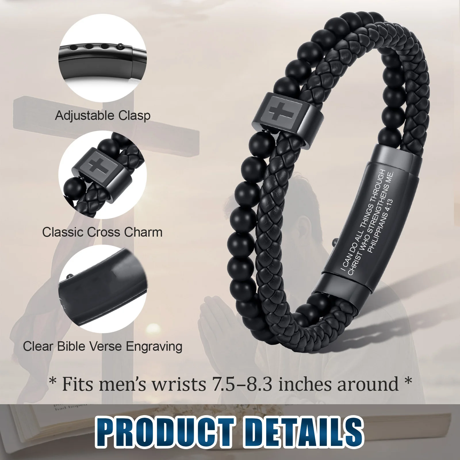 

Персонализированный браслет с крестом веры для мужчин, настраиваемая гравировка, кожа ручной работы, черный агат, гипоаллергенные религиозные украшения
