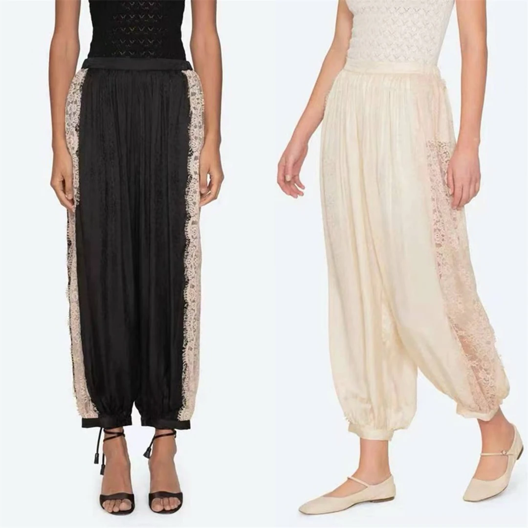 

Soft Satin Lace Casual Pants Two Colors New York Style Spring Baggy Elastic Waist Cotton Blend Cool Feeling Ladies Trousers