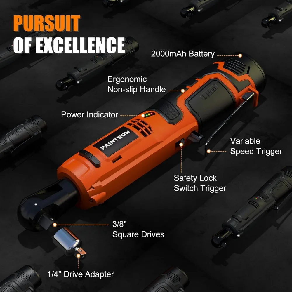 Kit chiave a cricchetto a batteria 12V, attacco 3/8, coppia 50N.m, velocità variabile, 2 batterie agli ioni di litio da 2000 mAh, ideale per il settore automobilistico