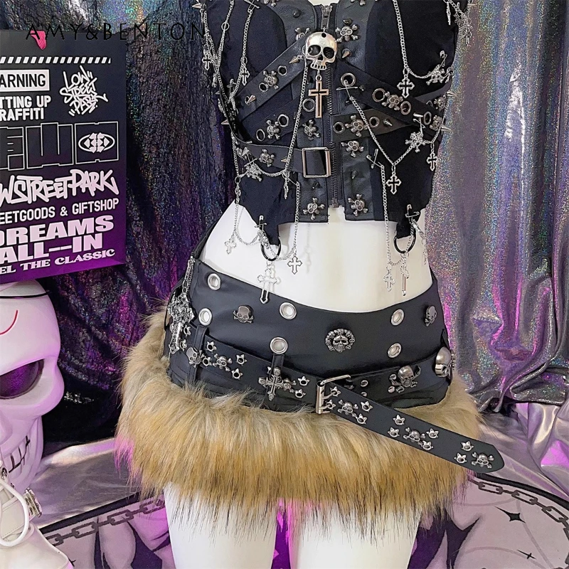 

Original Design Black Y2K Hot Girl Faux Fur Sexy PU Leather Women's Short Skirt Punk New Sweet Cool Versatile Mini Skirts Ladies