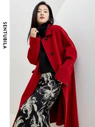 Sentubila-Chaqueta larga de lana de doble cara para mujer, abrigo de lana 2023, sencillo y cálido con solapa, W34O49911, Invierno 100%