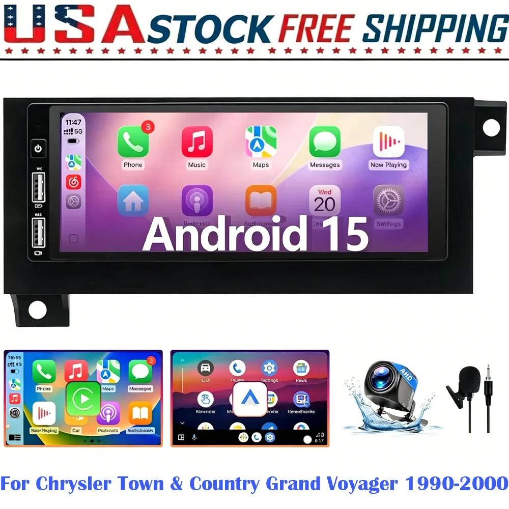 New 6.86inch Android 15 2+64G Car Touch Multimedia Stereo Radio GPS Navigation Head Unit For Chrysler Town Country Grand Voyager 1990-2000 Support Wireless Carplay Bluetooth FM RDS WiFi SWC Mirror Link Steering Wheel Controls
