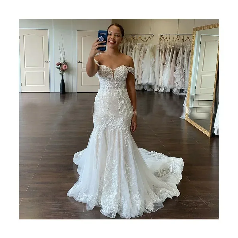 فستان زفاف حورية البحر مزين بالدانتيل على شكل قلب مخصص سويب تراين فيستدوس دي نوفيا قبالة الكتف فستان زفاف عتيق #3