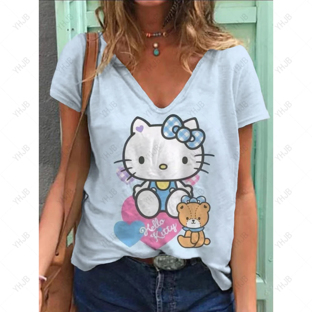 Fashion Women\'s T-shirt Hello Kitty Printed Short Sleeve Female Harajuku Tees Ladies T Shirt Oversized V-neck Tops Women Clothin