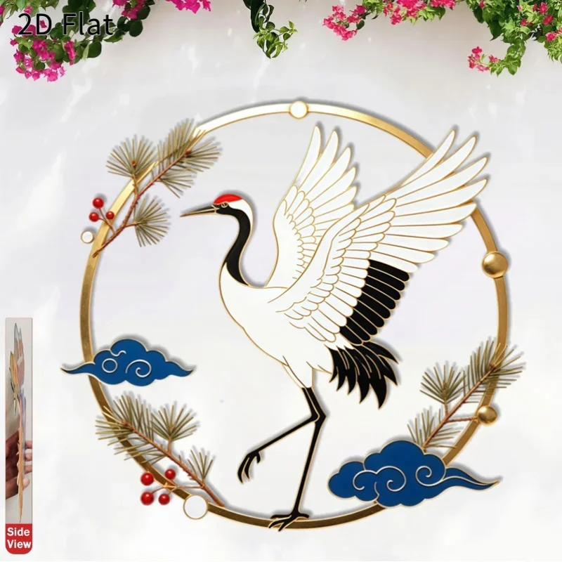 CIFbuy Chinese Red Crowned Crane Pine Cloud Metal Wall Art Enamel Style Home Decor for Living Room Study Tea Room Gift