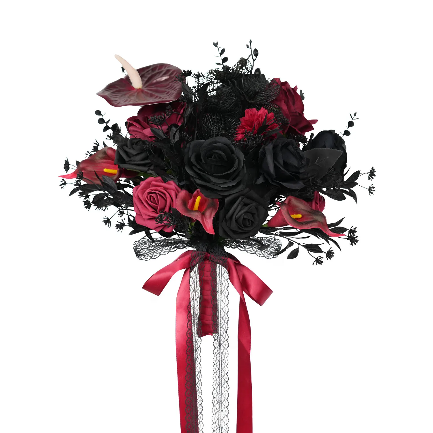 Uflower Black Burgundy Red Rose Hand Bouquet Flower Phpto Prop Wedding Bridal Bridesmaid Floral Arrangement Event Party Supplies