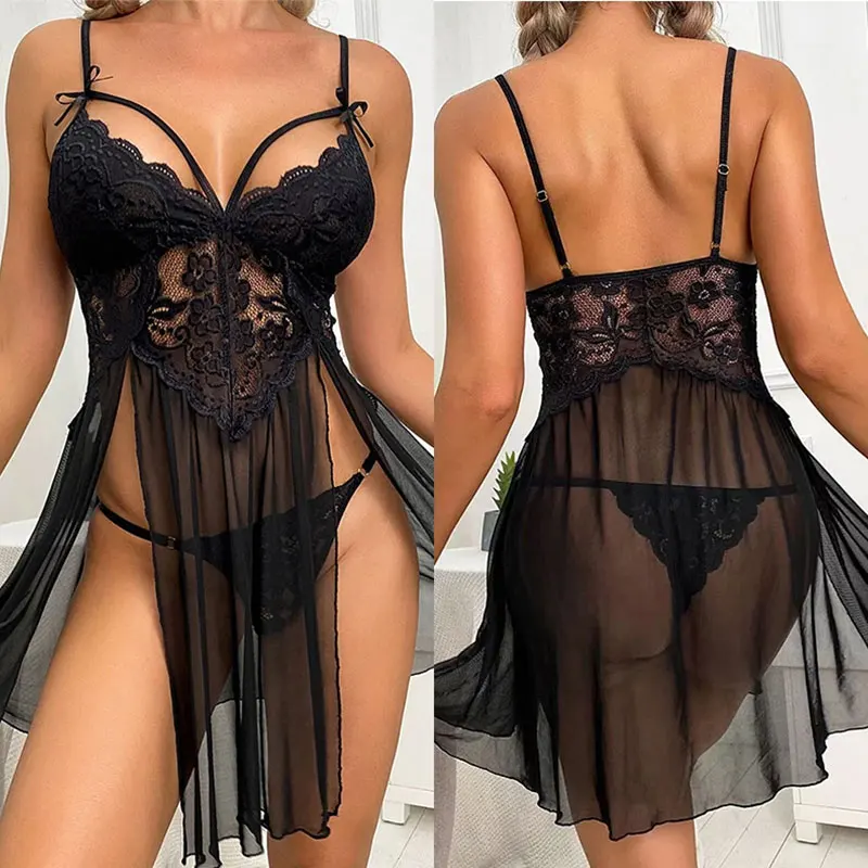 Summer Pajamas Lace Female Sexy Lingerie Women Crotchless Sleepwear Night Dress Erotic Costumes Underwear Nightgown G-string