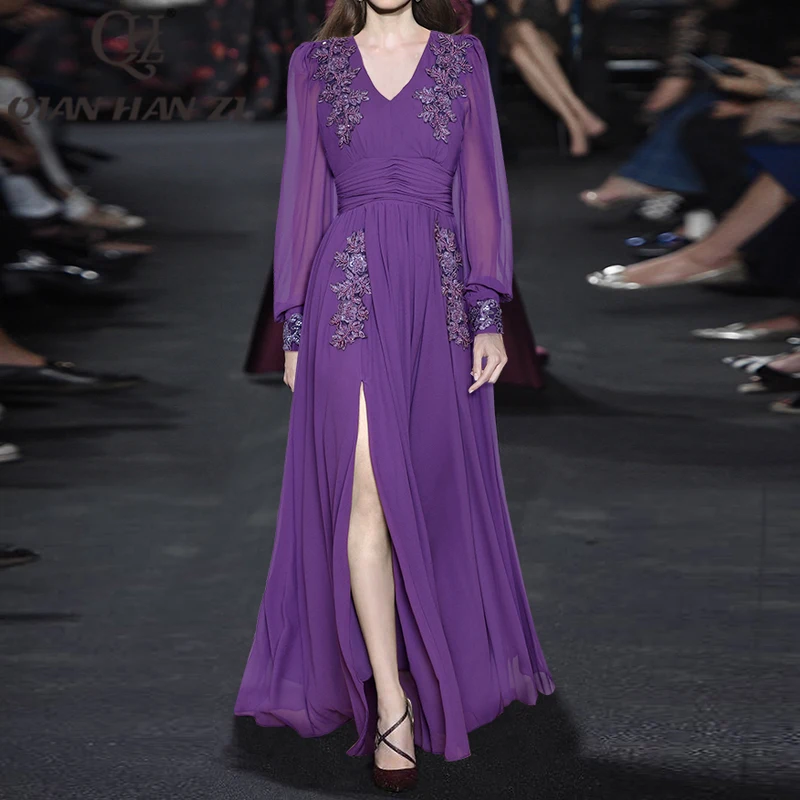 

QHZ Designer Fashion Vintage Long Dress Women's V-neck long sleeves Embroidered applique beads Luxurious Party Maxi Dress
