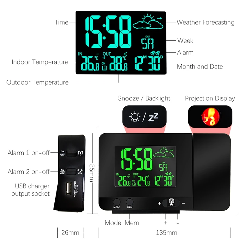 Indoor Outdoor Colorful Change LCD Display Weather Station Radio Control Projection Time Weather Forecast Temperature Sensor