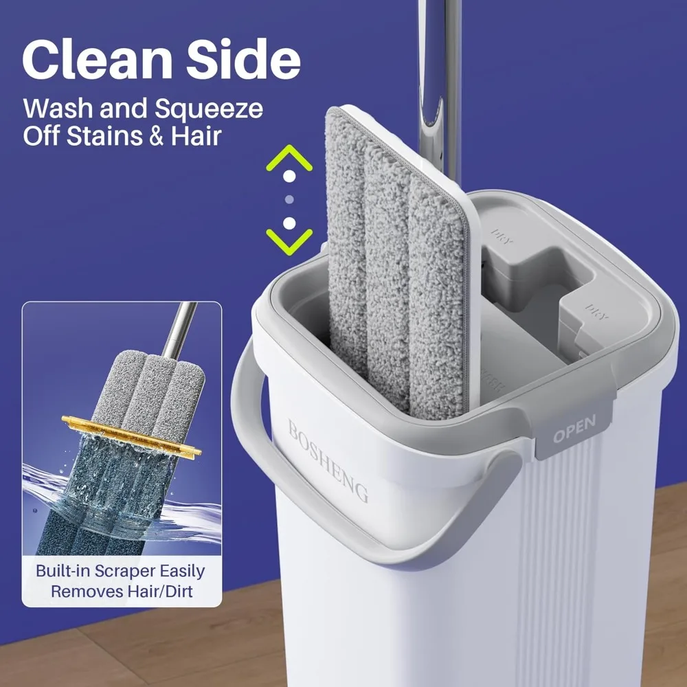Flat Mop and Bucket Set with Extendable Handle, Microfiber Pads for Hardwood Floors and Walls