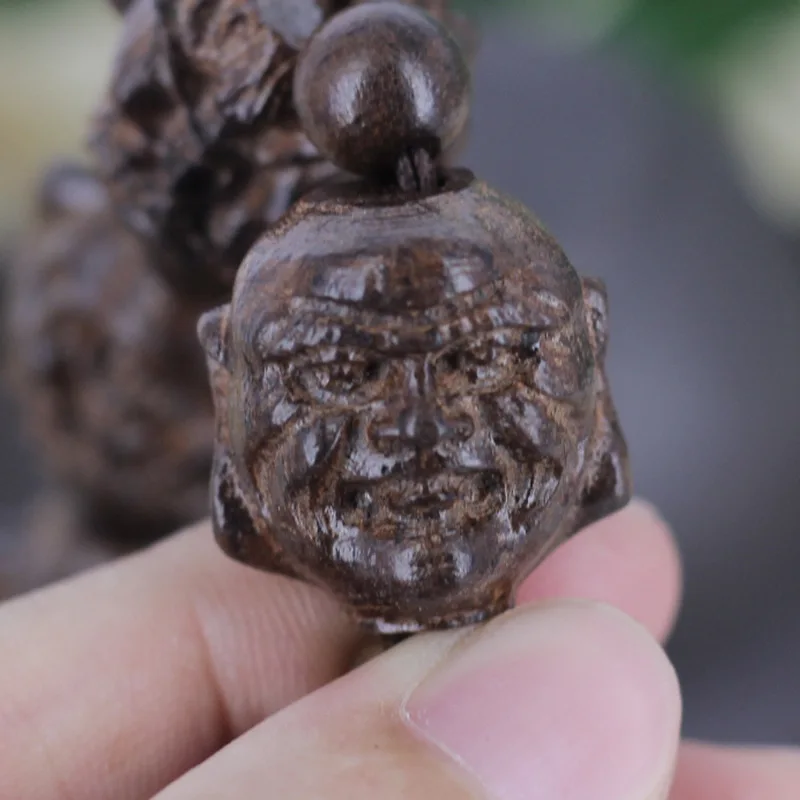 Vietnamese Agarwood Carved Buddha Bead Bracelet, Black Bark Eighteen Arhats, Lotus Flower - view 4