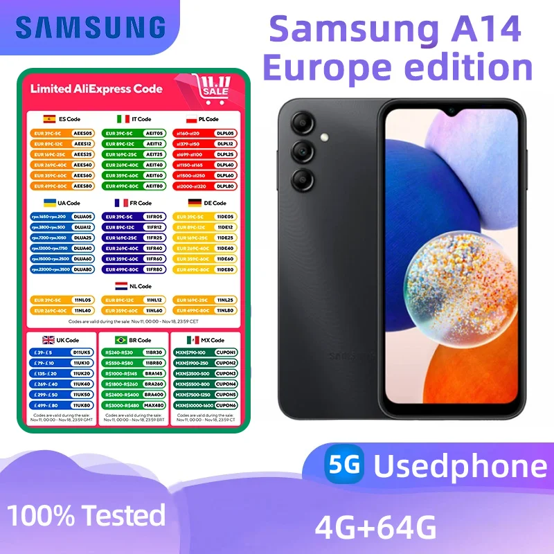 Samsung Galaxy A14 5g Europe Smartphone Exynos 1330 6.6-inches Screen 4RAM 64GB Android Original Used Phone