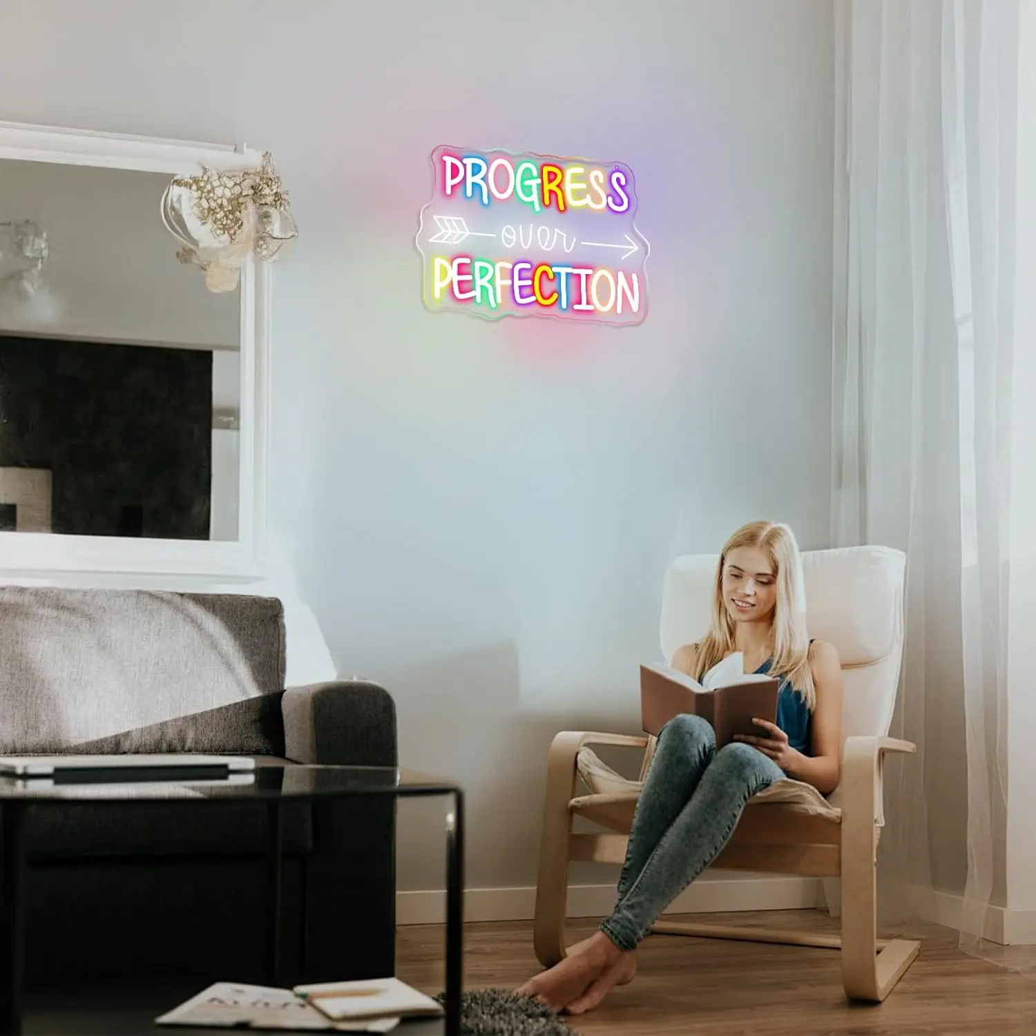 Progress Over Perfection Neon Sign, Wall Light for Bedroom, Classroom, Office, Bar Decor; Inspirational Gift & Advertising Sign
