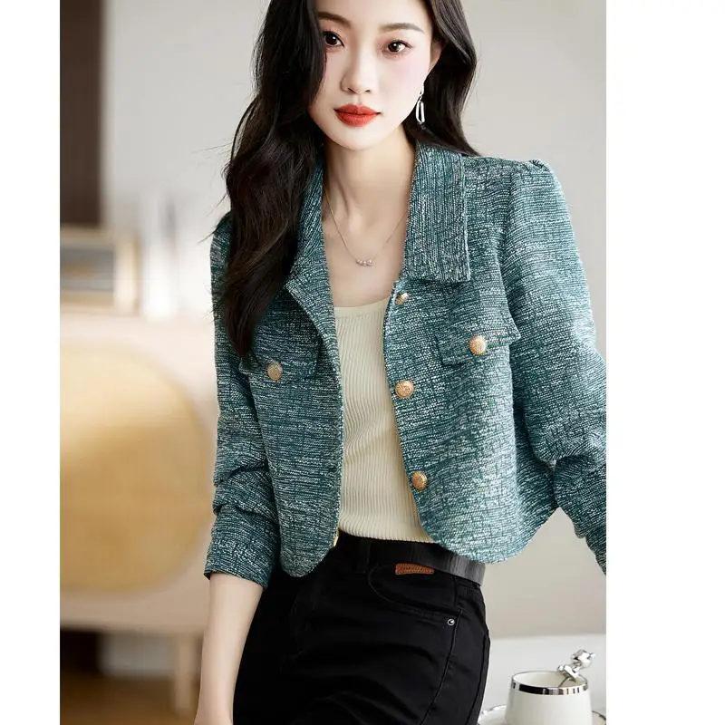 Early Autumn 2023 New Small Fragrant Short Coat Round Neck Long Sleeve Slim Fit and Slim Temperament Office Lady ComfortableTop