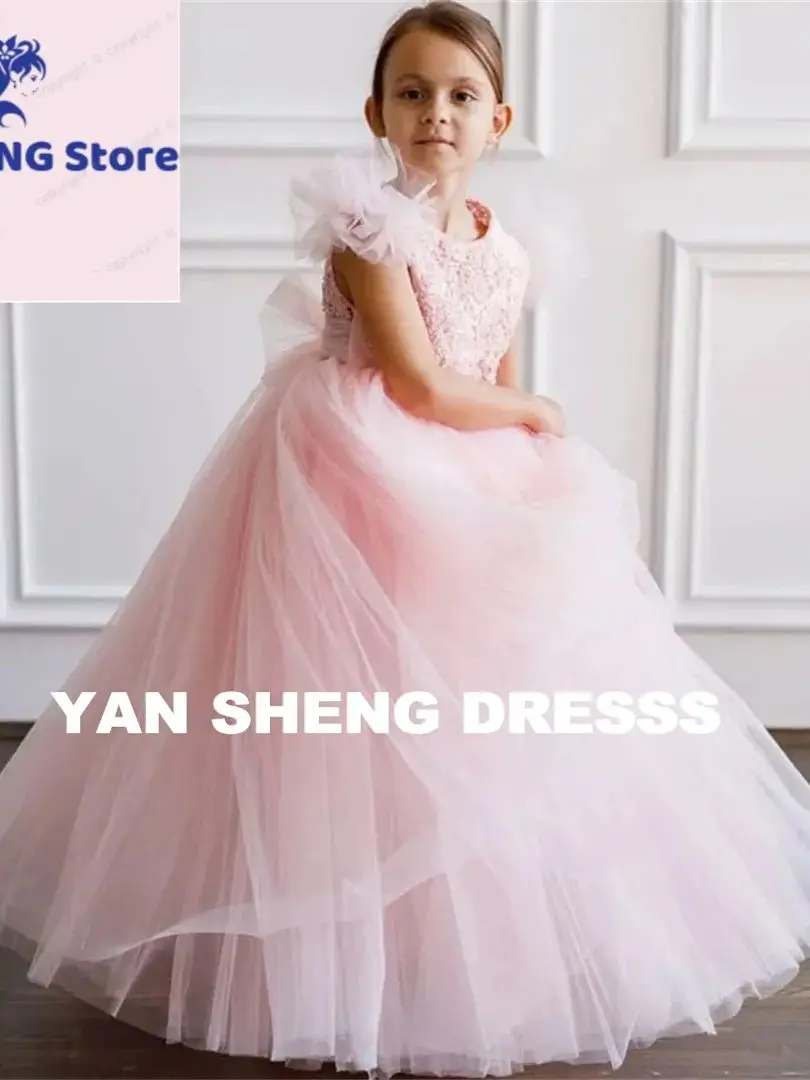 Robes de demoiselle d'honneur personnalisées, appliques florales en tulle rose avec nœud, manches courtes, robe de princesse pour mariage, fête d'anniversaire, banquet