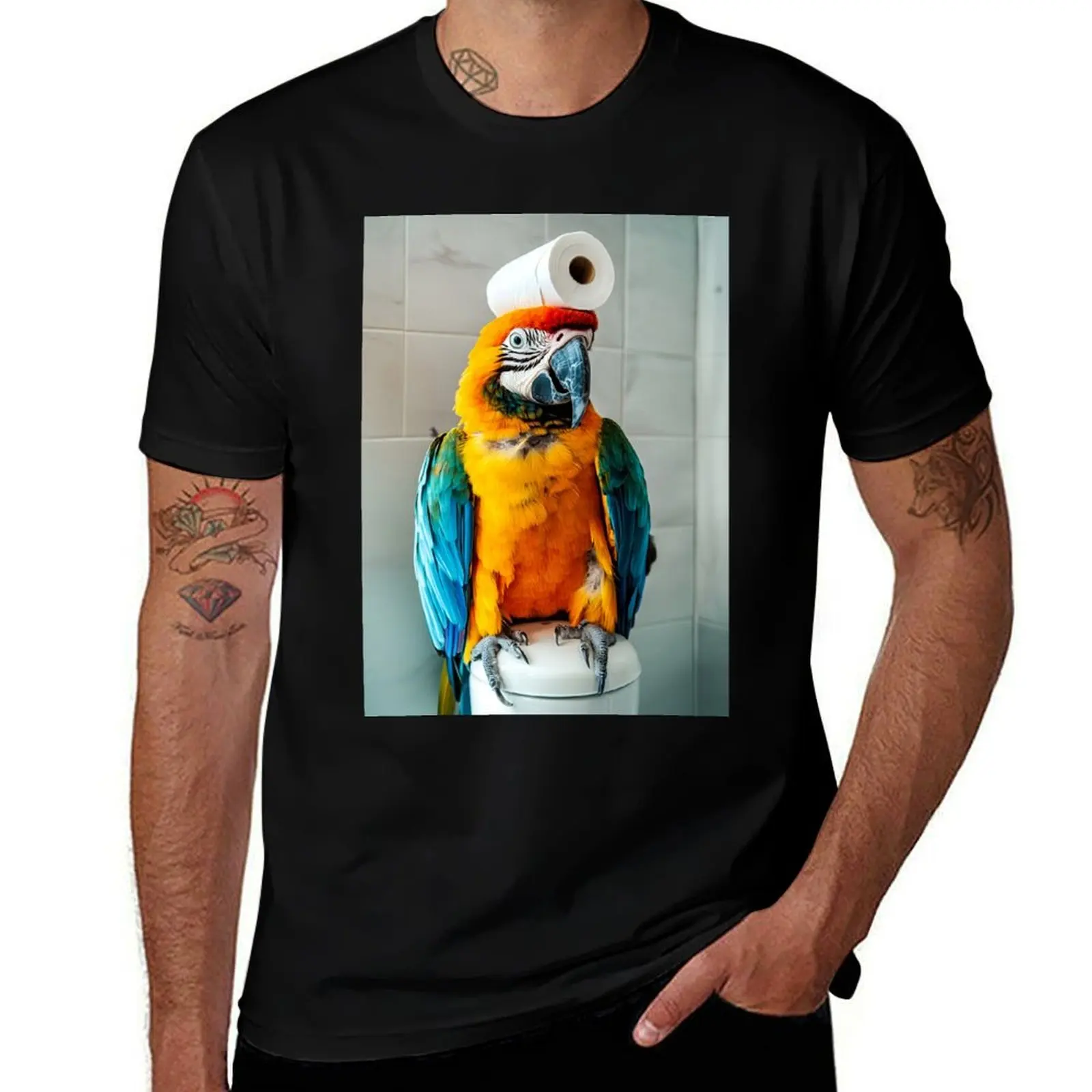 Camiseta con diseño de loro en el baño con papel higiénico en la cabeza, ropa personalizada para el sudor, ropa para hombre