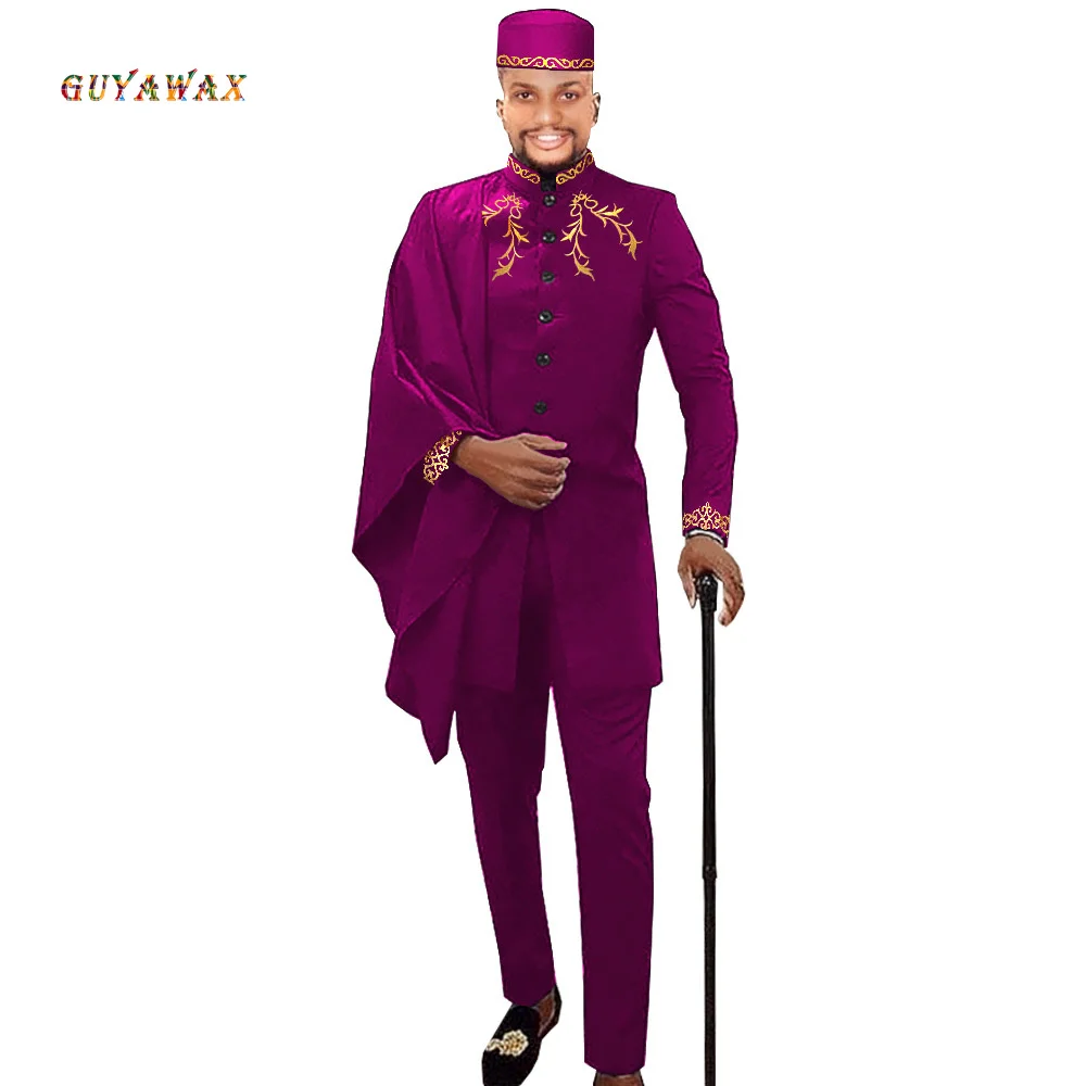 African Traditional Wear Formal Attire Bazin Riche Dashiki Outfits Shirt Pants Robe Suit With Cap 3pcs Set African Men Agbada