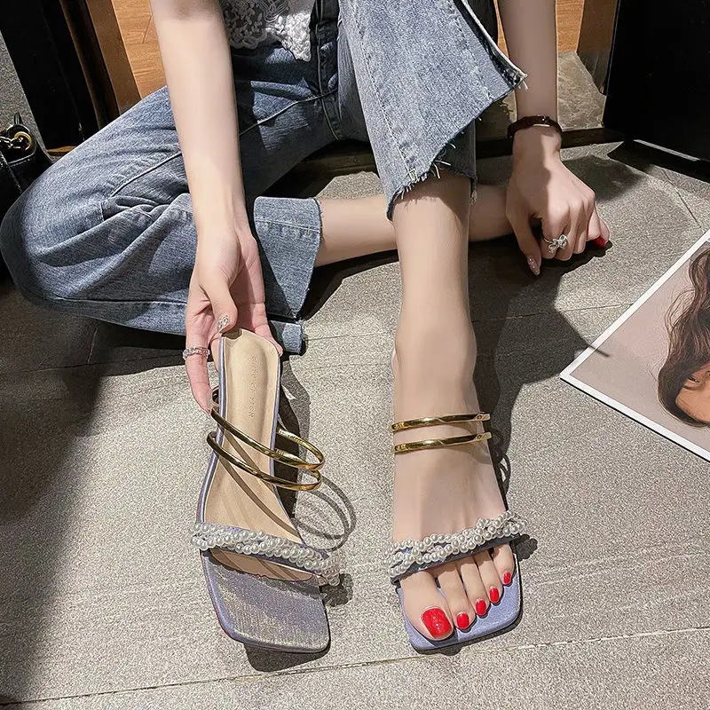 Pearl Word Belt Sandals Women 2022 Summer Fashion All-match Open-toe Sandals High Heels Thick Heels Women Wearing Slippers