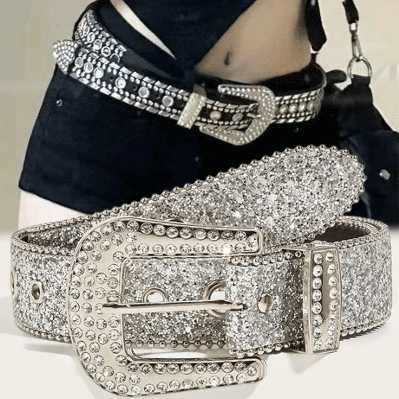 

Y2K Women Fashion Solid Print Studded Full Rhinestone Belt PU Leather Bling Crystal Adjustable Glitter Waistband for Club Party