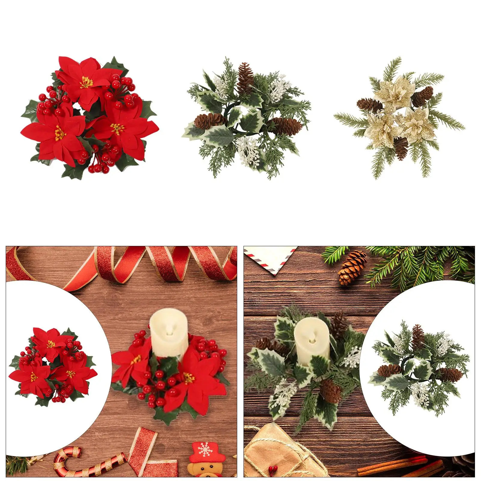 Christmas Candle Ring Artificial Wreath Centerpiece Candle Holder Round ABS Decorative for Home Room Party