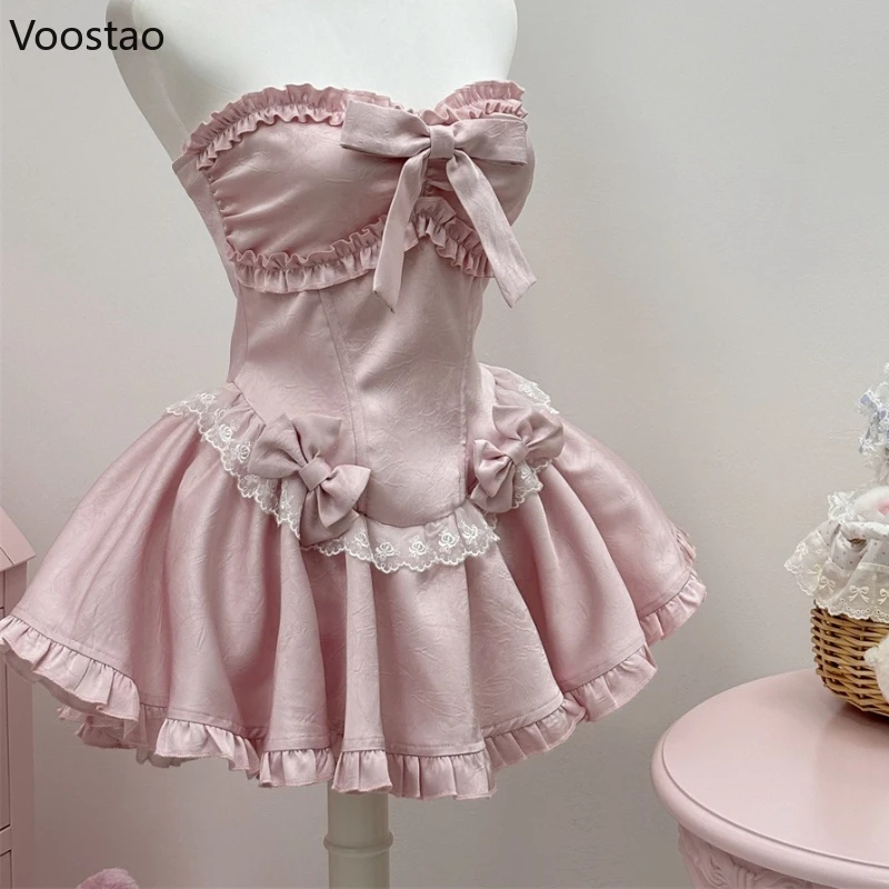 Robe de Style Lolita japonaise pour femmes, Kawaii Y2k, nœud en dentelle, à volants, sans bretelles, rose, Mini robe de soirée coréenne