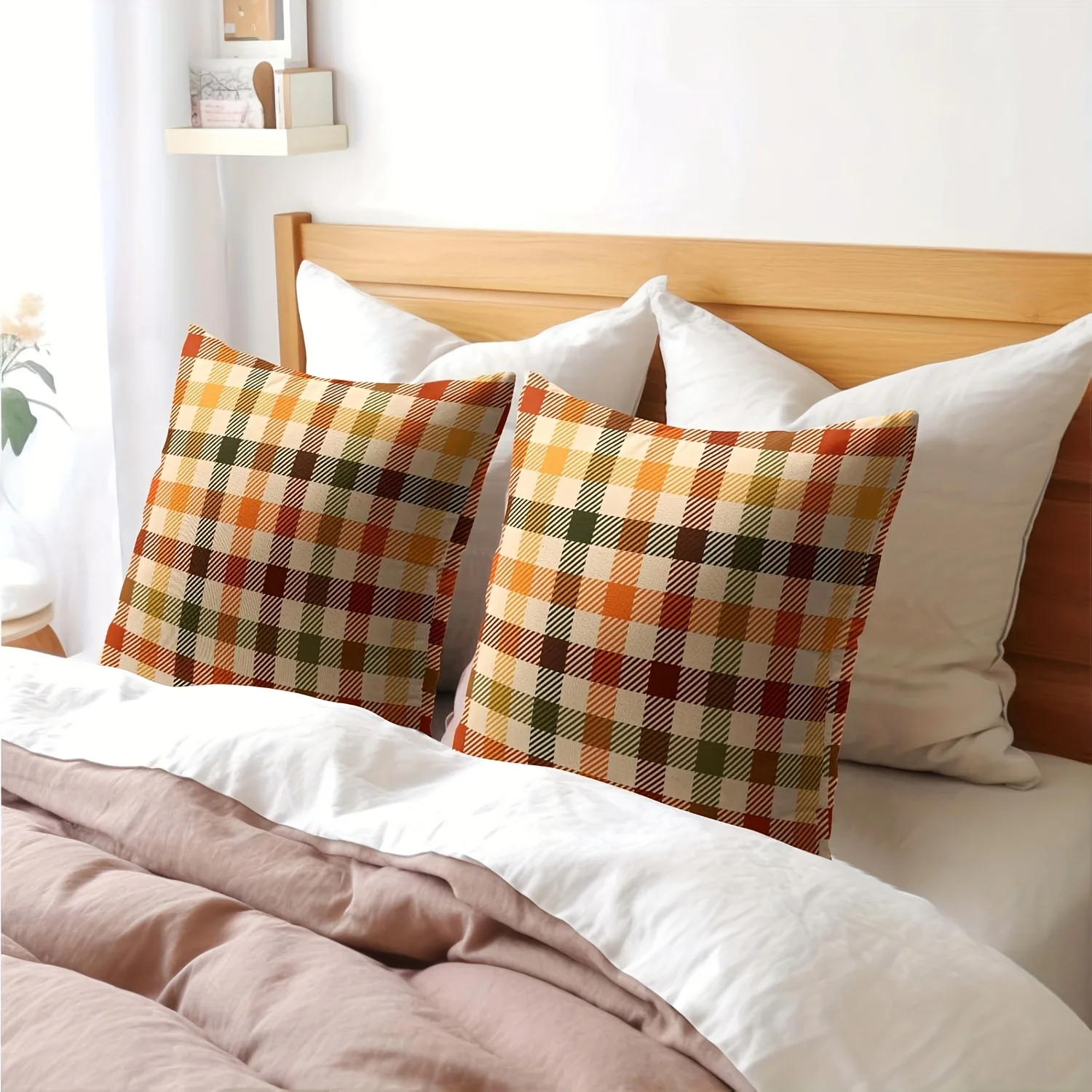 2PCS Digital Print Throw Pillows Autumn Orange Plaid Check Pattern Farmhouse Fall Home Sofa Decor Cushions