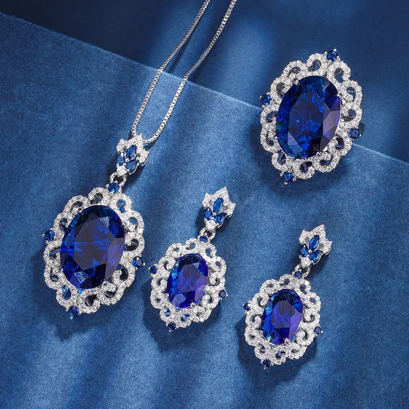 SRJewelry Copper Bottom Gold-plated Simulation Royal Blue Treasure Women's Set Creative Full Diamond Luxury Set 13 * 18-8 * 12